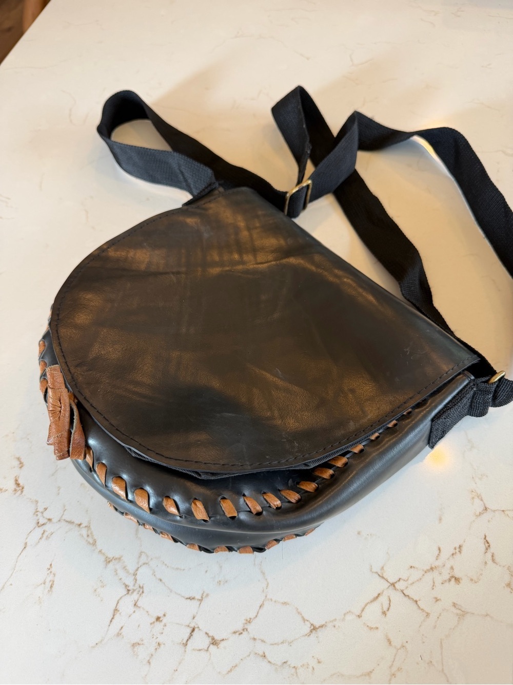 Black Leather Hand Tooled Crossbody Bag with Brown Whipstitch Detail Nepal